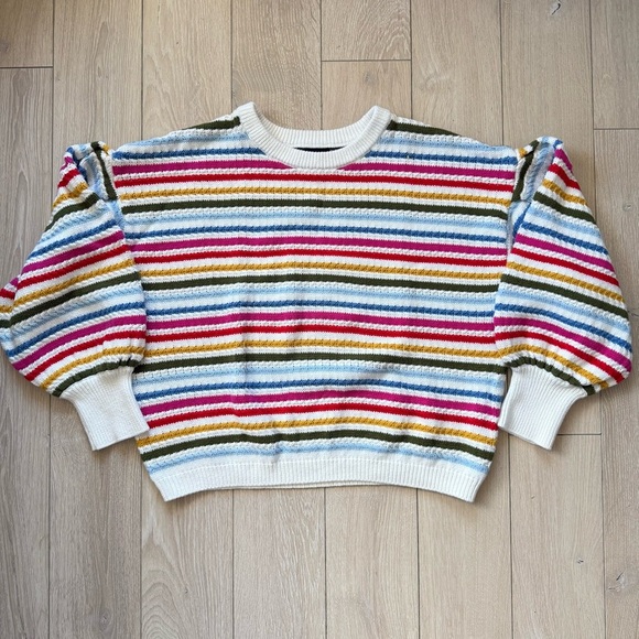 Aqua Balloon Sleeve Rainbow Striped Sweater Women’s Size Large Cotton Blend - Picture 2 of 10
